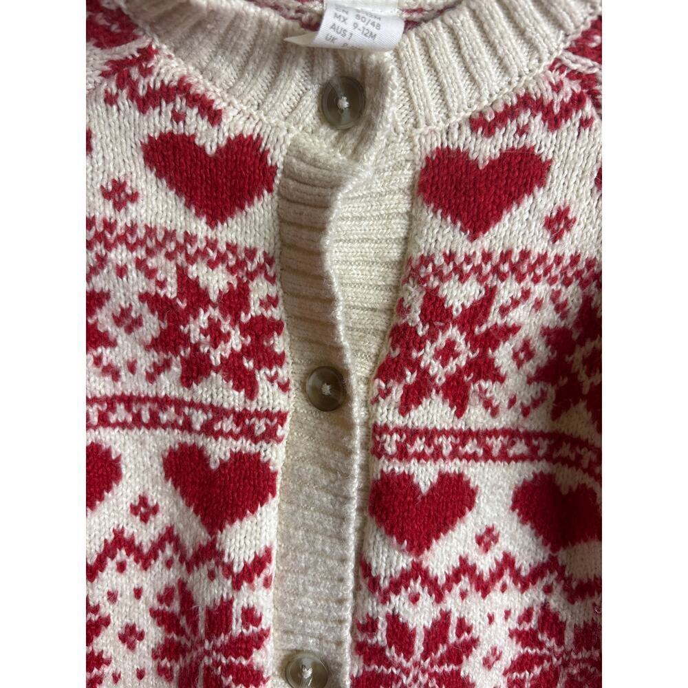 H&M Cardigan Heart Fair Isle Baby Toddler Girls Cardigan Sweater Red Cream 12 M - Picture 3 of 5